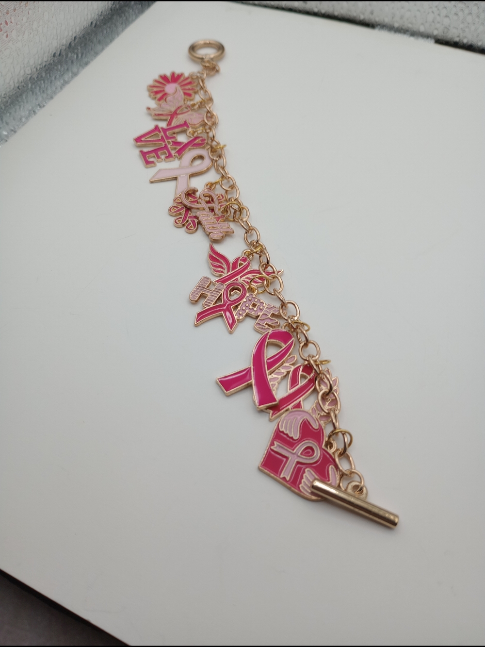 Gold Pink Breast Cancer Awareness Charm Bracelet - Picture 9 of 11